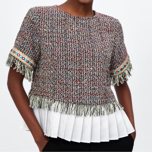 Zara lightweight tweed fringe pleated peplum top XS - Picture 1 of 6